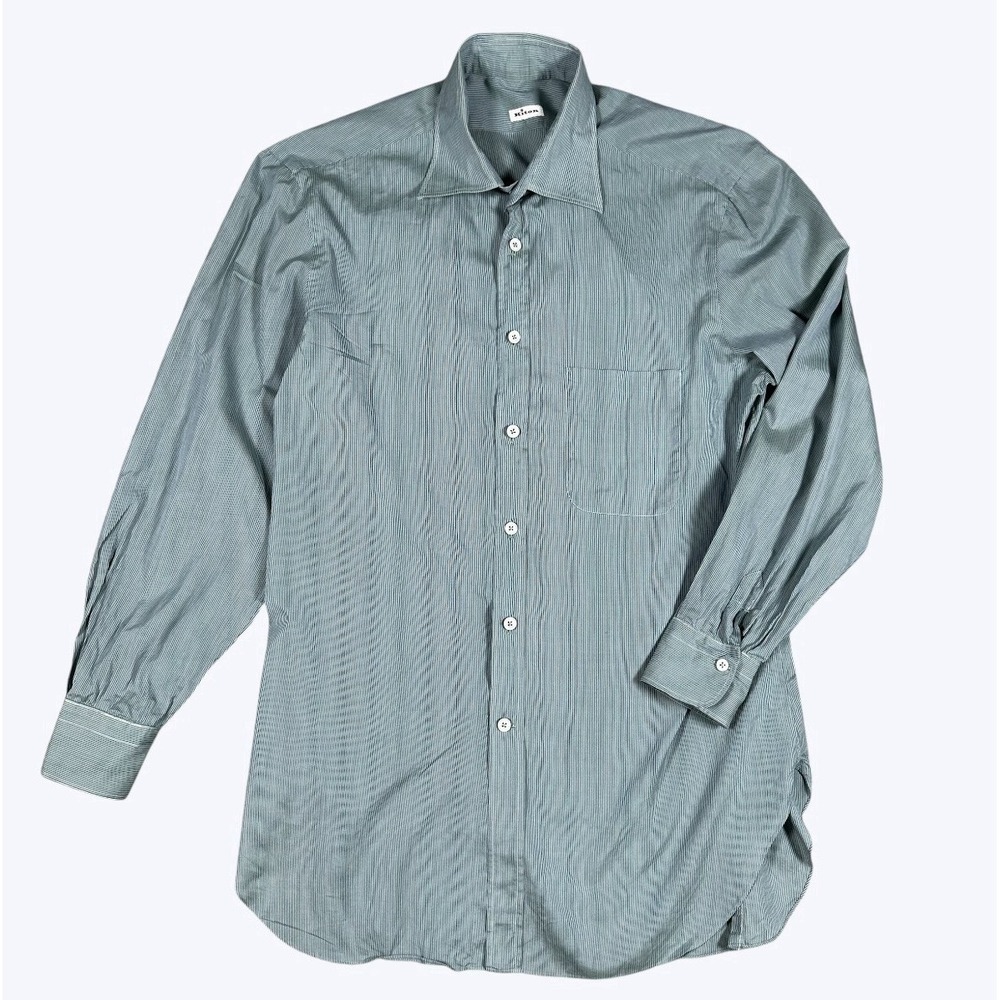 Kiton Button Down Mens Dress Shirt Office Blue Striped Cotton Italy Sz 17 43 L